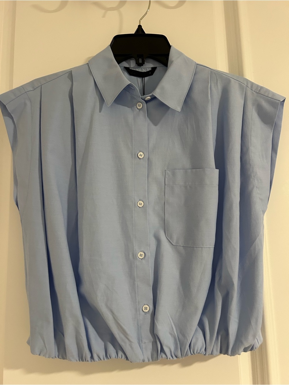 Zara Pale Blue Cap-Sleeve Button-Down Shirt